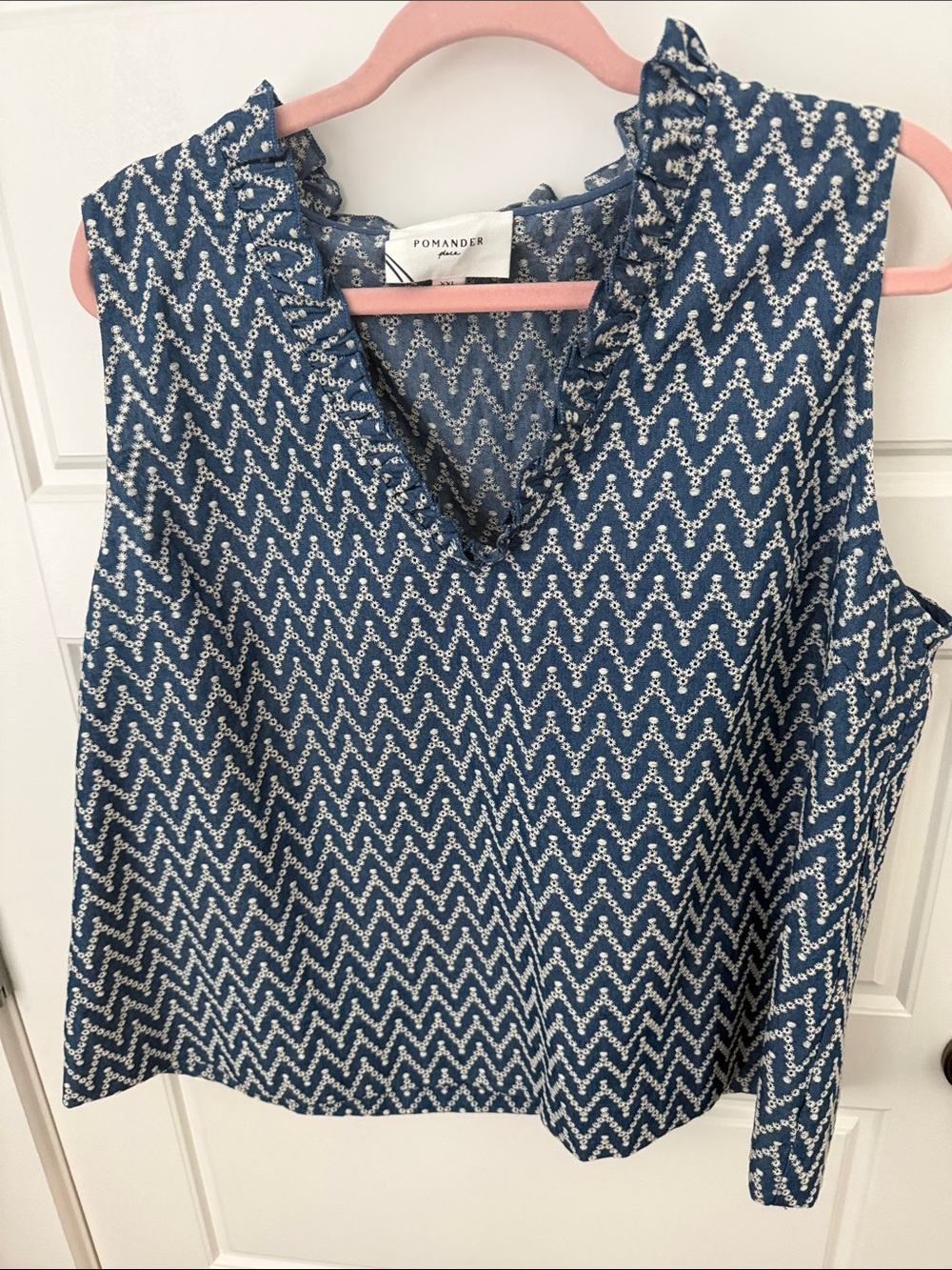 Pomander Place Blue Chevron Ruffle V-Neck Camisole